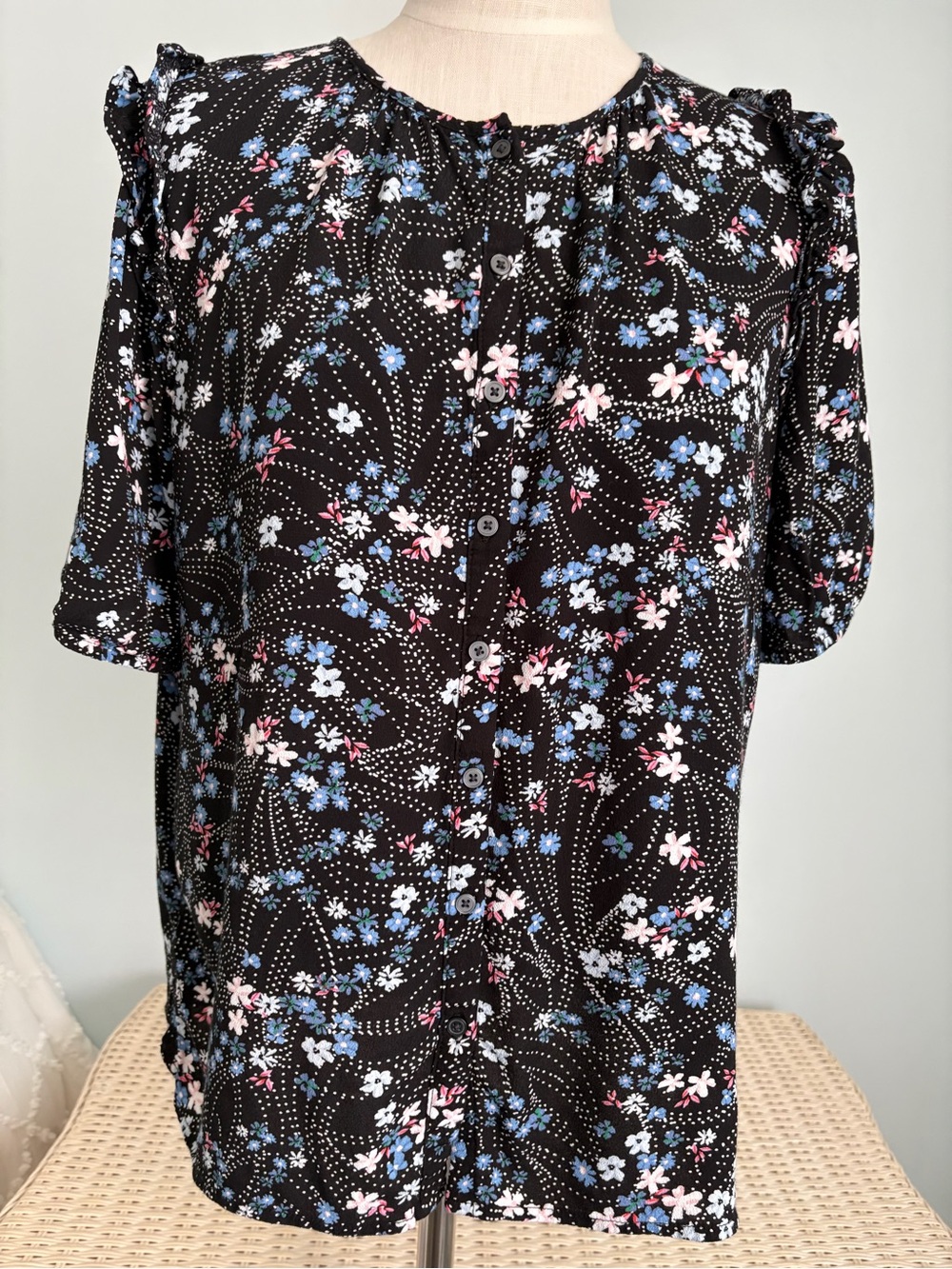 LOFT Black Floral Puff Sleeve Blouse with Blue & Pink Accents